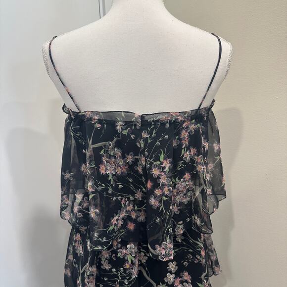 VTG 60-70s Black Chiffon Tiered Midi Dress Pink Floral Coquette Fairy Cottage XS - Picture 6 of 12